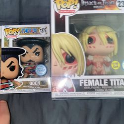 4 Funkos Goku ultra Instinct With Kamehameha 2022 Fall Convention And Female Titan Glow In The Dark And Super Sayian Goku Glow In The Dark And Oden