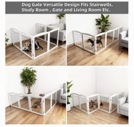 Freestanding Foldable Dog Gate Wooden Extra Wide White Puppy Gate 6 Panels Tall Pet Gates for The House Dog Fence