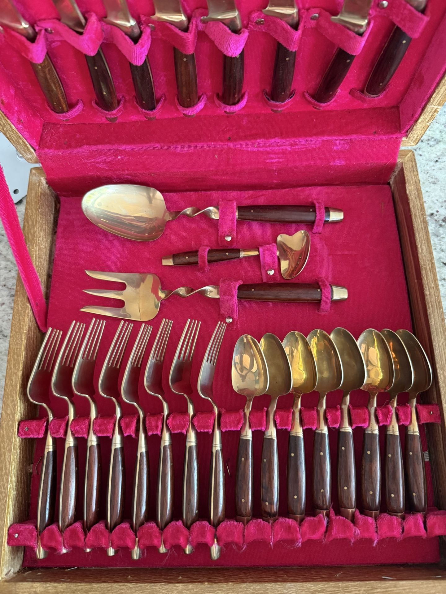 29-Piece Brass and Rosewood Flatware Set