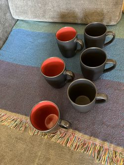 6 Tea Cups Coffee Mugs Cup Red And Black Asian Style  Thumbnail