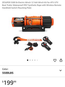 ZESUPER 5500 lb Electric Winch 12 Volt Winch Kit for ATV UTV Boat Trailer Waterproof IP67 Synthetic Rope with Wireless Remote Handheld Switch Mounting