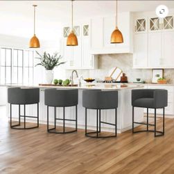 Set of 4 Counter Height Bar Modern Barrel Counter Stools with Backrest and Arms, Black Metal Frames