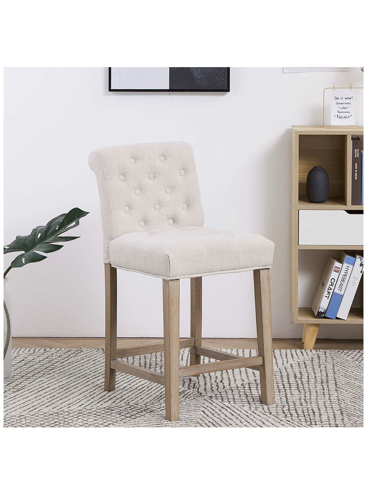 White Accent Nail Trim Barstool Bar Stool Chair Wooden Linen Tufted Counter 26", Ivory Beige Fabric (Brand New