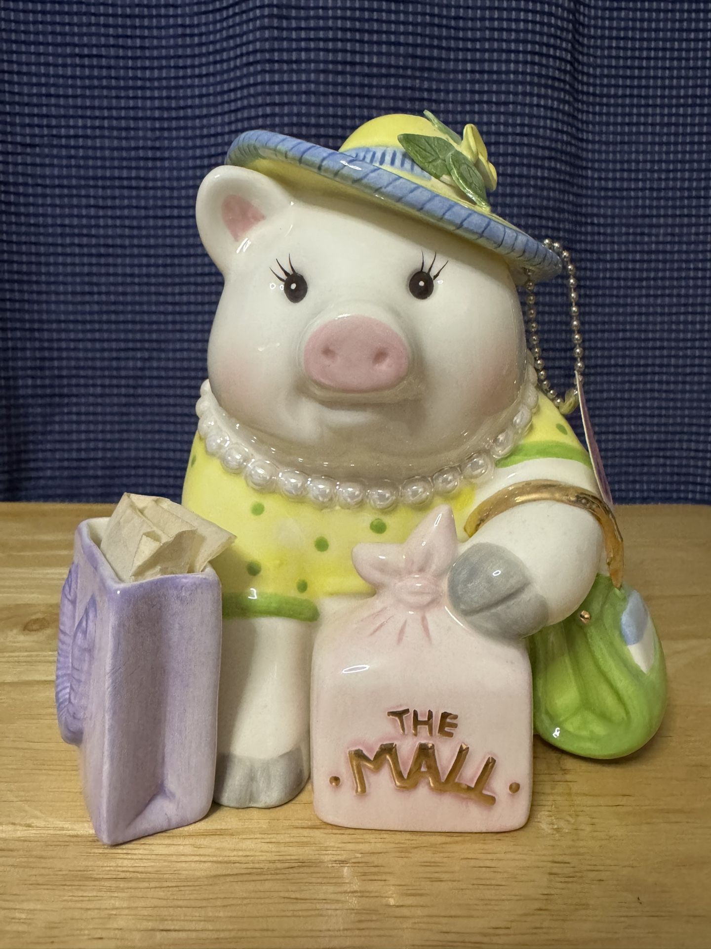 Mud Pie Shopping Fund Piggy Bank Ceramic Figurine Paper In Bag Has broken Leaf