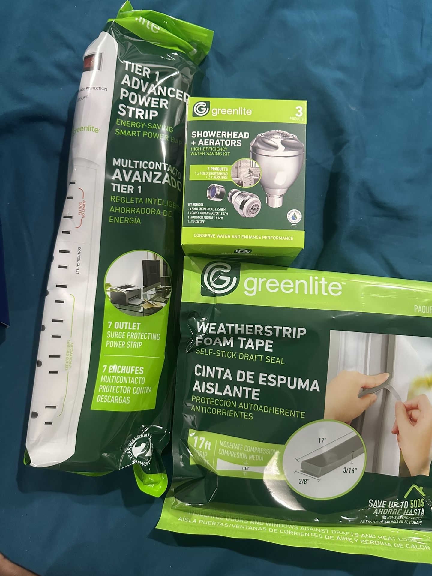 Eco Friendly Power strip, Shower head, and Weather Strip 