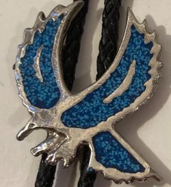 Vintage Metal Bolo Tie, Nice Silver and Crushed Malachite Blue Turquoise Stone Design, Beautiful Design, Nice Design, 2" x 1 3/4", Nice Design, Qualit