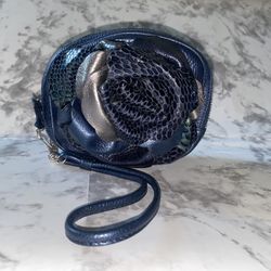 BRIGHTON Rhapsody Sapphire Blue & Silver Leather Rose Wristlet