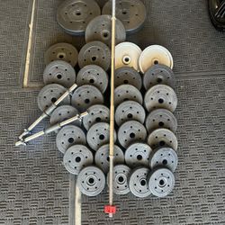 Standard weights 208lbs total plus 6ft bar plus adjustable dumbbells