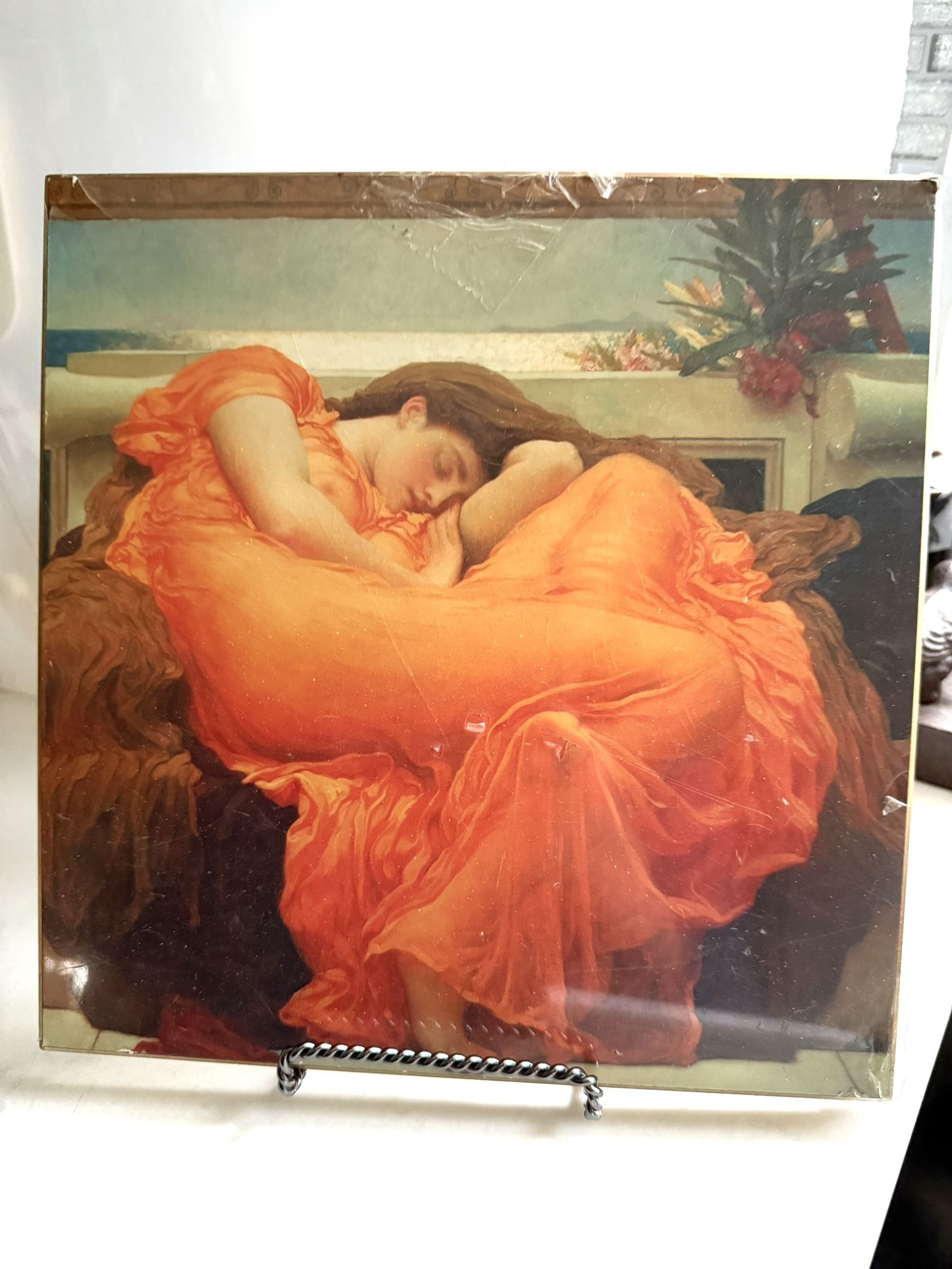 Vtg Z Gallerie 10” x 10” Wood Plaque with Beautiful "Flaming June" by Frederic Lord Leighton It still has the plastic wrapping around it although the
