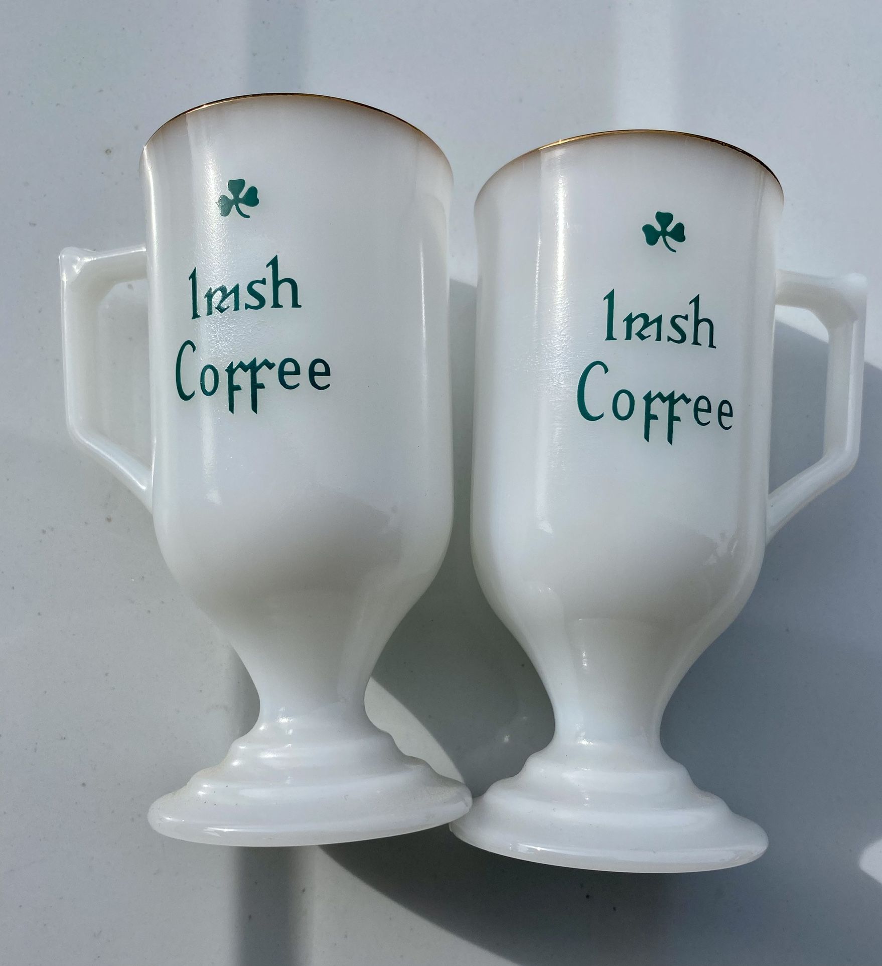Vintage Pair Federal Glass Irish Coffee Pedestal Mugs Milk Glass Green Shamrock
