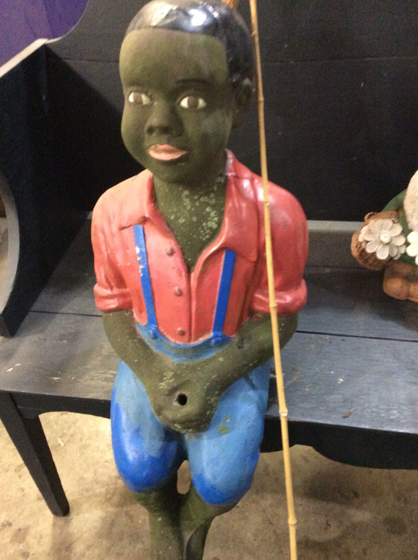 Vintage Black Americana Concrete Boy Fishing Garden Statue