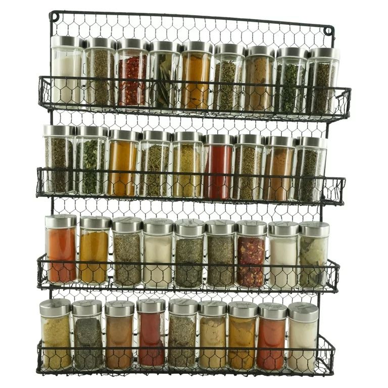 4 Tier Spice Rack Wall Mount Metal Organizer Pantry Cabinet Hanging Herbs Seasoning Jars Storage Closet Door Cupboard Mounted Holder Black.