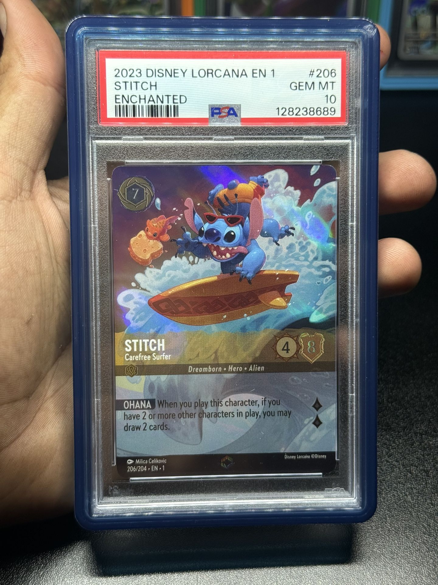 Disney Lorcana PSA 10 Stitch Carefree Surfer Enchanted 206/204 First Chapter 