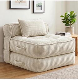 Cream Corduroy Fold-Out Sleeper Chair