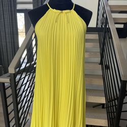 💛 New Ted Baker Yellow Pleated Halter Dress ✨ Flowing Midi Summer Vacation Size 0 