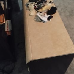 Cal king Head board, 6 drawer dresser with mirror and two nightstands, king size fames included.some wear showing on one night stand, two dresser draw