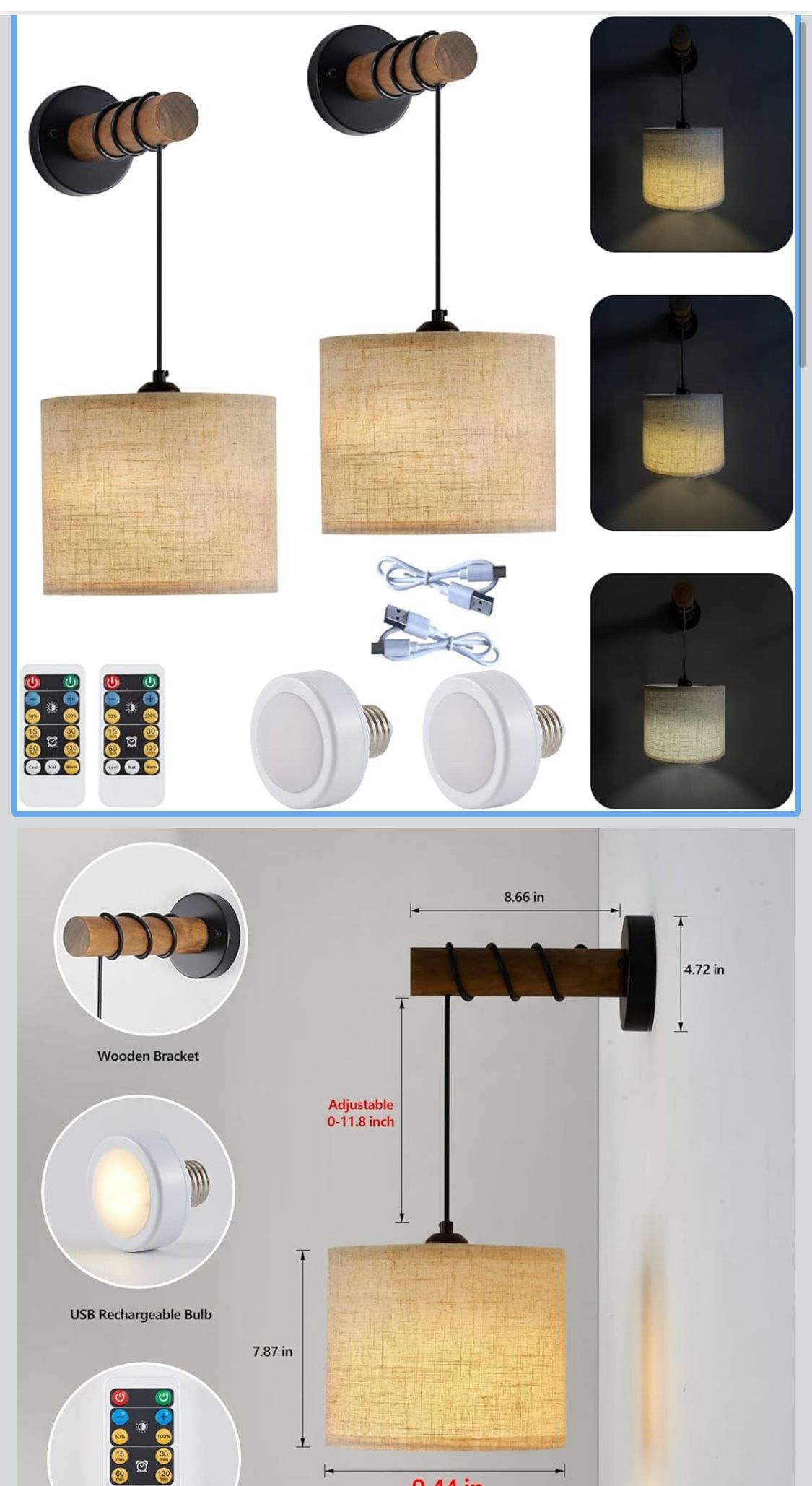 Rechargeable Battery Operated Wall Sconces Set of 2, Modern Battery Powered Wall Light with Wooden Arm & Remote Control, Adjustable 3 Colors Dimmable