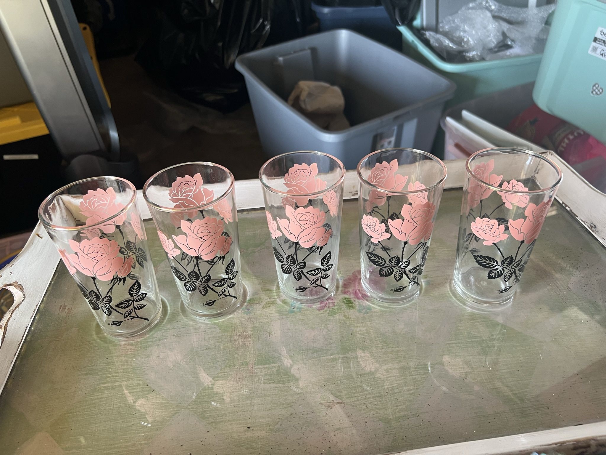 Vintage Pink And Black Rose Glass Cups