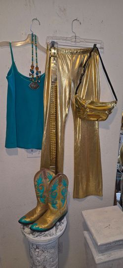 Gold Metallic Flare Pants  , t shirt, belt, fanny pack! Boots & necklace  NOT INCLUDED!!