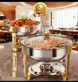 Buffet round golden stainless steel chafing dish set of 2 clear glass lid