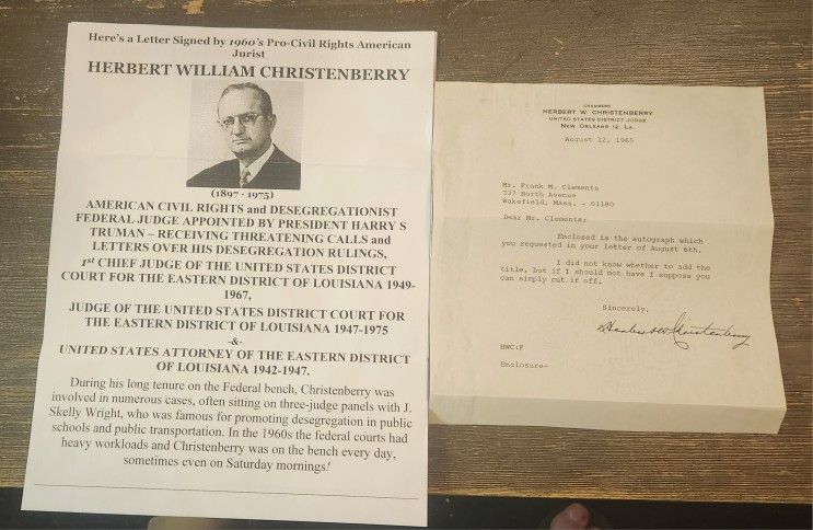 1965 Judge Christenberry Signed Letter (American Civil Rights Judge)