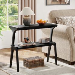 Modern Black Slim Side Table | 2-Tier Storage Shelf