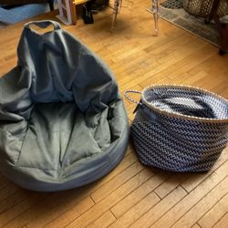 A Nice Almost New Fluffy Cushion Chair, Gray And A Beautiful Hamper Blue Basket (NO SHIPPING)
