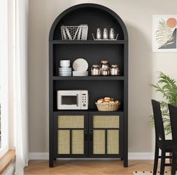 Mintazer 70" Arched Storage Cabinet with Doors, Rattan Tall Pantry Cabinet with Adjustable Shelves for Kitchen, Hallway, Dining Room, Living Room, Off