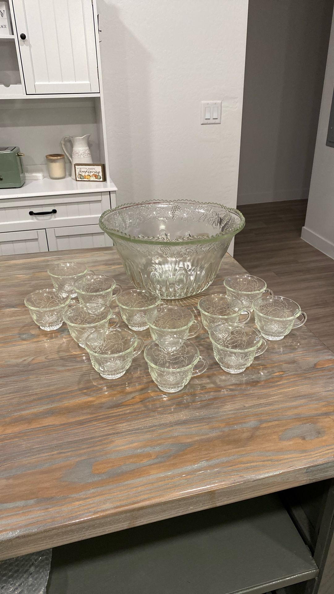 Beautiful Large Glass Punch bowl With Matching Set Of 12 Punch Glasses