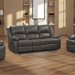 Brand New Grey Leather 3pc Reclining Sofa Set 