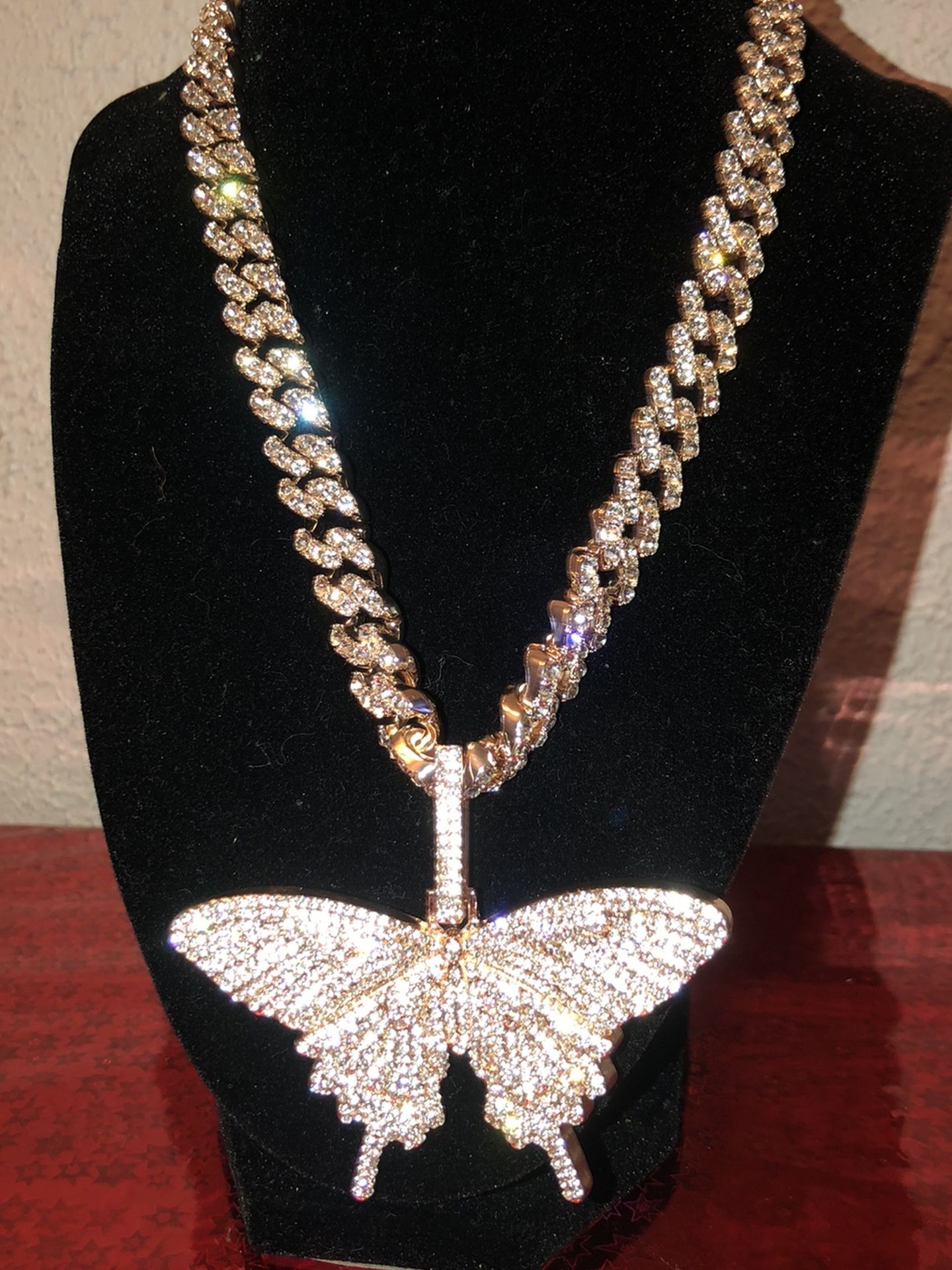 “Diamond” Encrusted Cuban Link Butterfly Chain