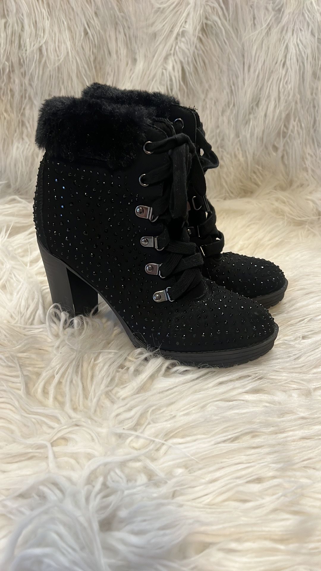 Like New Andiamo Black Fur Lined With Black Studs Cancel Boots Size 6