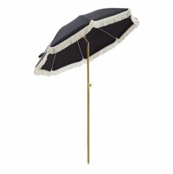 6.5FT Boho Patio Umberlla with Fringe,UPF50 Outdoor Umbrella with Fiberglass Ribs and Push Button Tilt,Tassels Umbrella for Beach,Terrace,Picnic