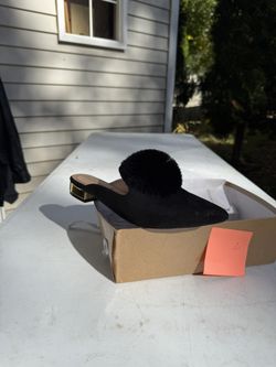 Black suede mules with faux fur pom pom size 12 