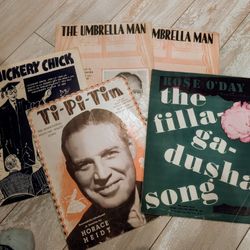 Vintage 1941Rose O'Day, 1945 Chickery Chic, 1938 Ti-Pi Tin and 2 1938 The Umbrella Man piano Sheet music 