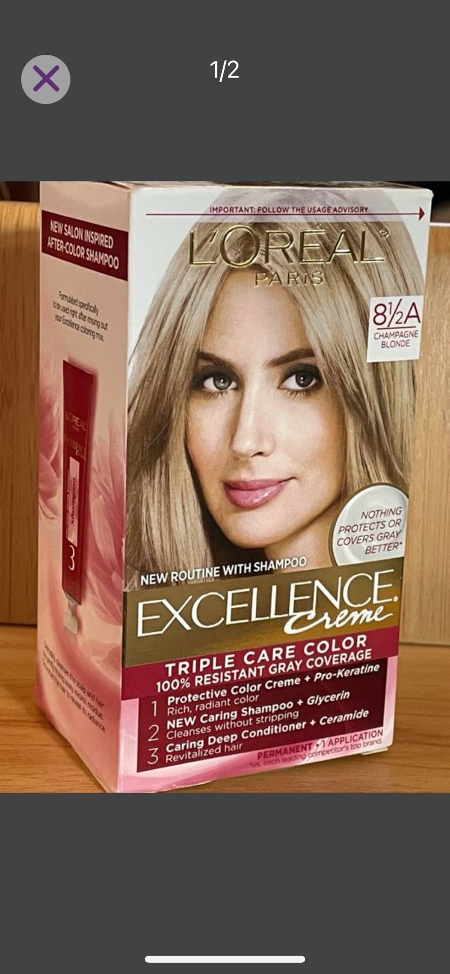 NEW IN PACKAGE. NEVER USED L'Oreal Paris Excellence Permanent Hair Color with Triple Care Protection 8.5A Champagne Blonde