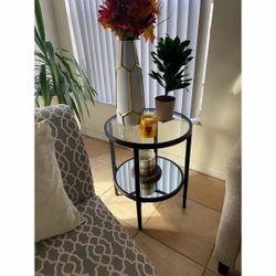 2-Tier Round Side Table in blackened bronze finish and mirrored bottom shelf