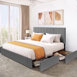 King Size Bed Frame With 4 Storage Drawer 