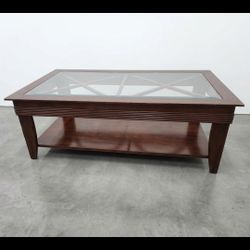 Classic Mahogany Coffee Table with Glass Top & Geometric Detail