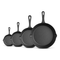 TUMATICLY Cast Iron Skillet Set, 4-Piece, Black, Pre-Seasoned, 4.53 in 4.72in 6.1in 7687in, Compatible with All Cooktops