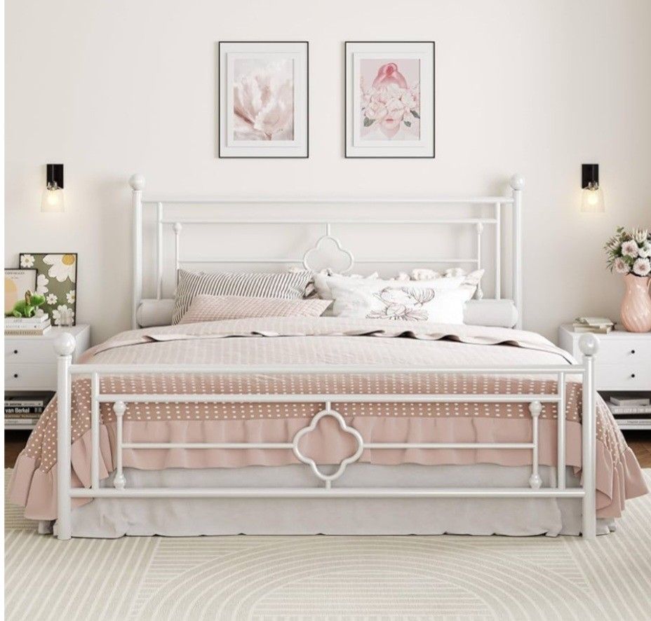 King Bed Metal Platform Bed Frame/Vintage Iron-Art Headboard and Footboard/Mattress Foundation for Storage/No Box Spring Needed/Noise-Free/Easy Assem