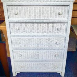 Vintage 1950s Boho Chic White Wicker Highboy Chest Of Drawers Dresser by Henry Link  (Collectable, Mint Condition)