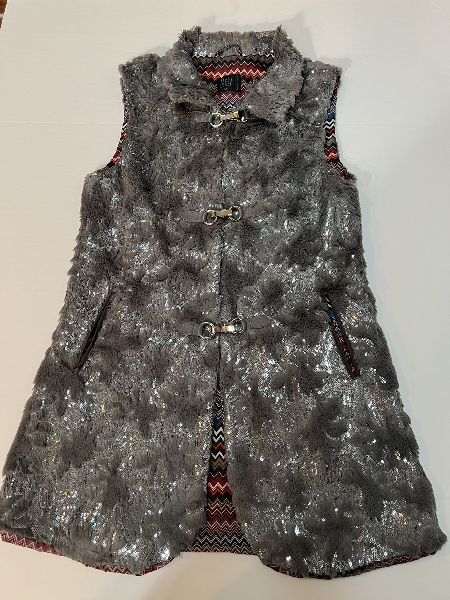 Ladies Gray Sequined Sleeveless Faux Fur Vest