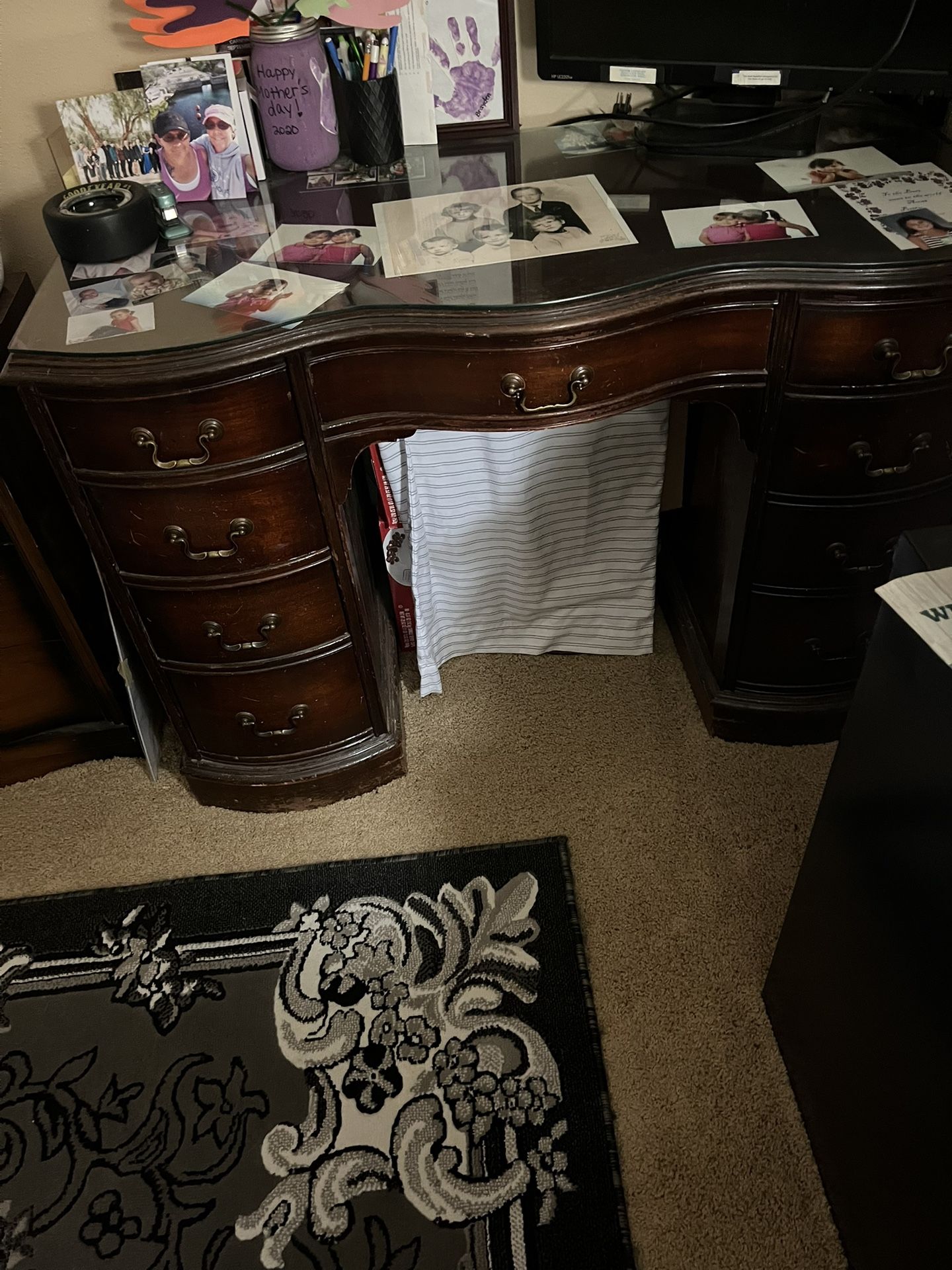 Antique Kidney shaped desk-with Custom Cut Glass Top