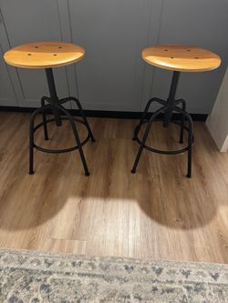 Set of 2 Industrial Bar Stools – Wood Seat, Metal Frame