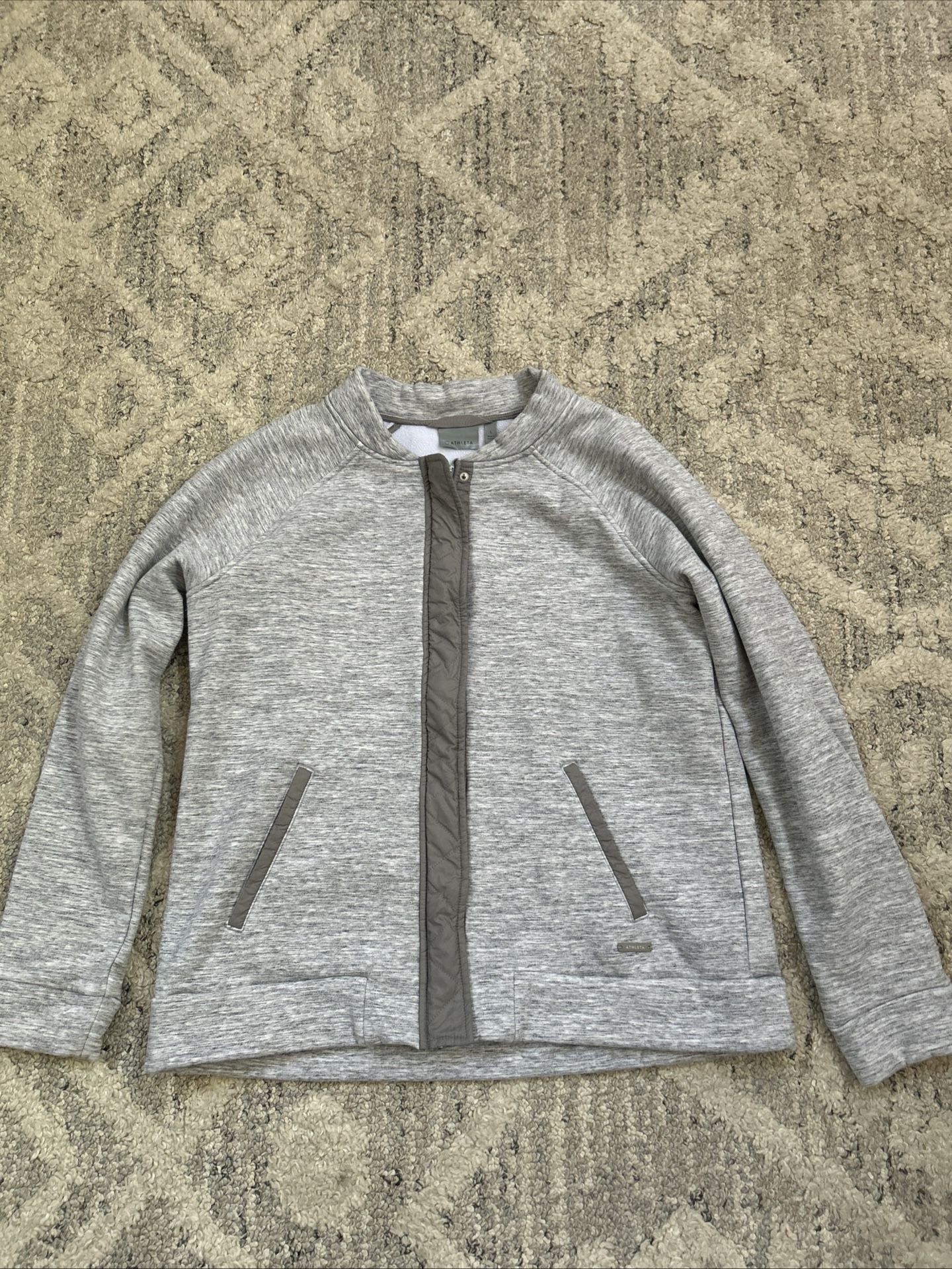 Athleta Strongest Bomber Jacket Women’s large  Gray Full Zip Button Sweatshirt