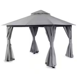 10'x10' Patio Gazebo, Double Roof Outdoor Shelter Tent with Mosquito Nettings and Privacy Screens, Gray