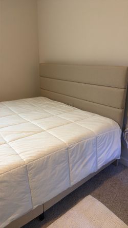 Queen Size Beige Elison Platform Bed with Fabric Upholstered * Headboard and Wooden Slats