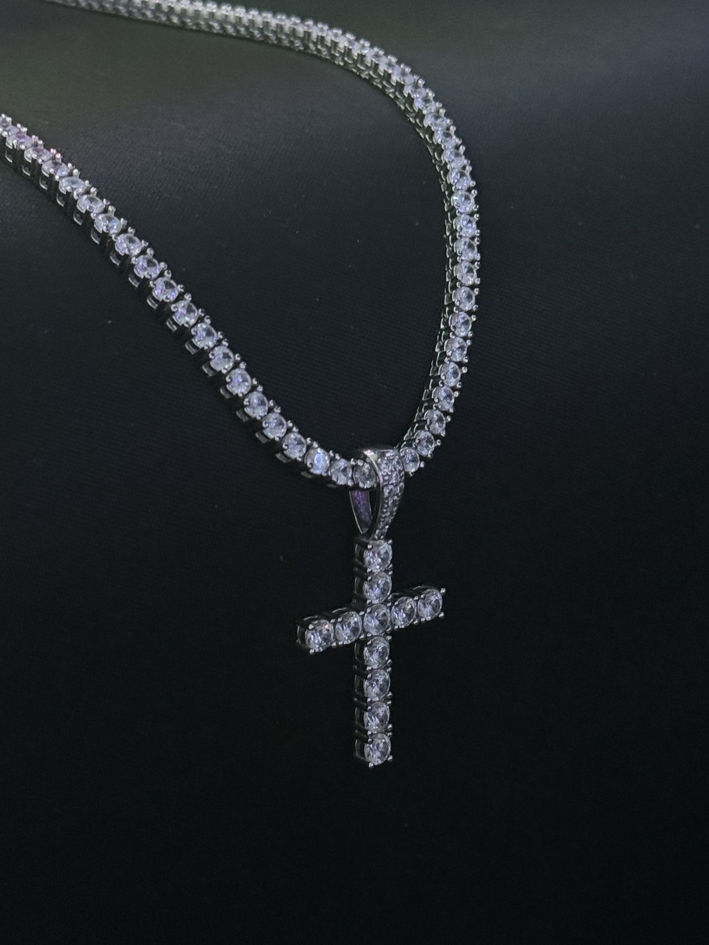 GLD Diamond Tennis Necklace w/ Diamond Cross in White Gold
