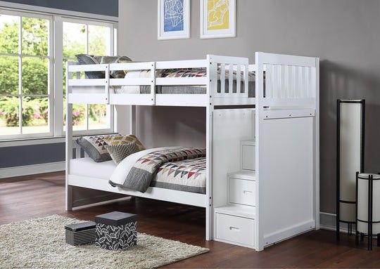 Twin / Twin Bunk Bed
Reversible Staircase with Drawers
Espresso or White Finish
13 Slats Per Bed
98.75"W x 42"D x 63.5"H
